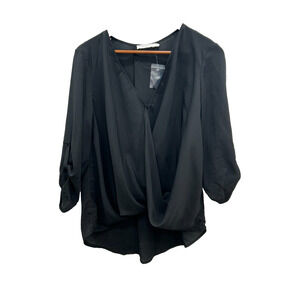 NWT Lush Womens Draped Tunic Top Roll Tab Sleeve High Low Sheer Black Size M‎